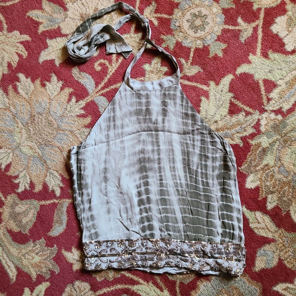 🍂Tie dye khaki bronze boho beaded halter top